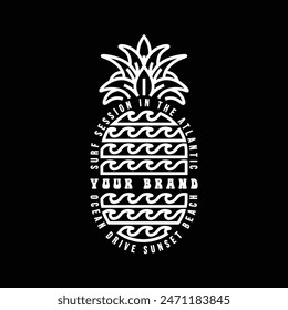 Cool pineapple surfing summer themed monoline design, simple and flexible design is perfect for logo, printed for screen printing on t-shirt, sticker, hat, embroidery, etc.