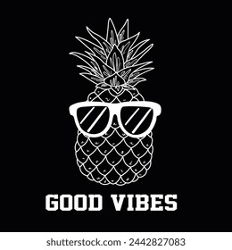 Cool pineapple wearing sunglasses on black background. vector illustration with slogan t shirt design. summer graphic for boys teens and kids fashion and swimwear