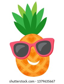 Cool pineapple wearing sunglasses and smiling vector. Fresh exotic tropical organic fruit, closeup of character drawing. Leaves of seasonal product