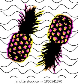 Cool pineapples on black stripes, vector illustration