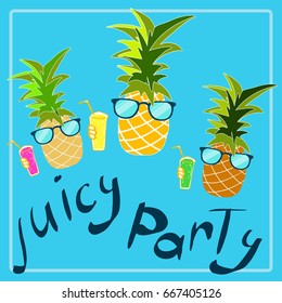 Cool pineapples in sunglasses with juice on blue background in vector