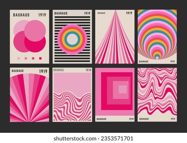 Cool Pink Bauhaus Abstract Art Posters Collection. Set of Boho Mid-Century Placards. Modern Geometric Retro Print Designs.