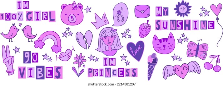 Cool pink girly retro stickers with with a butterfly, a bear, hearts and strawberries. Vector set on an isolated background