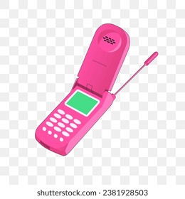 Cool pink old telephone. Retro style, mood of 90s, 00s. Vector isolated flat illustration