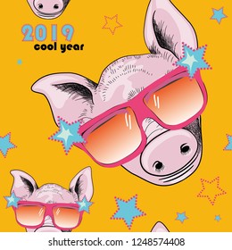 Cool pink pig with sunglasses. Seamless pattern.  Cool year 2019. Vector illustration of cool pig with sunglasses on yellow background