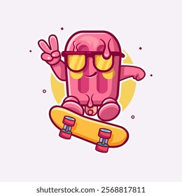 cool pink popsicle ice cream character mascot playing skateboard isolated cartoon