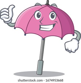 Cool pink umbrella cartoon design style making Thumbs up gesture