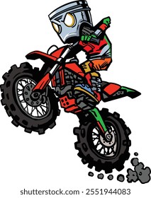 Personaje de cabeza de pistón fresco que monta en la historieta de la bici de la suciedad de Scrambler en Vector