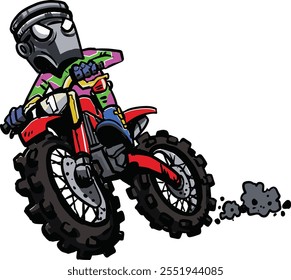 Personaje de cabeza de pistón fresco que monta en la historieta de la bici de la suciedad de Scrambler en Vector