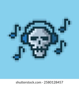 Cool pixel art of a skull listening to music using headphones and surrounded by music notes. Creating a fun and edgy vibe, suggests that even death can enjoy music. Vector Illustration.