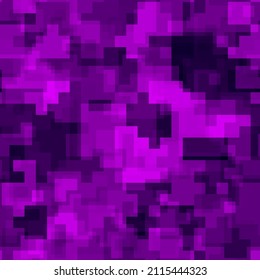 Cool pixel camouflage for girls seamless pattern background. Mystic Digital cifra clothing style masking camo repeat print. Dark Purple colors decorative texture. Design element vector illustration.