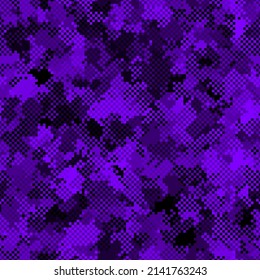 Camuflaje de caos en píxeles frío para niñas con un fondo de patrón sin fisuras. Violeta digital estilo ropa cifra enmascarando camo repite la impresión. Twilight color púrpura textura decorativa. Ilustración vectorial.