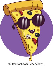 Pizza fresca, pizza linda con gafas, pizza de dibujos animados, ilustración del vector de pizza