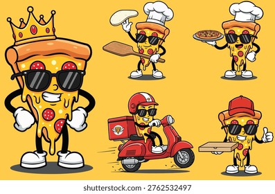 Cool pizza slice cartoon character wearing crown and sunglasses vector graphic design