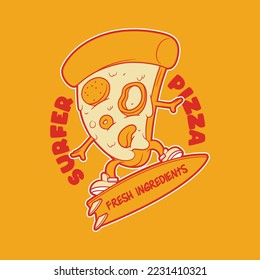 Cool Pizza Slice character surfing vector illustration. Food, sport, brand design concept.