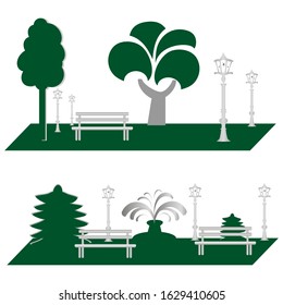 Cool place in park. Abstract idyllic landscape with streaming fountain and arranged trees. Summer day in city garden Versailles style. Flat design vector illustration 