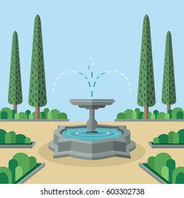 Cool place in park. Abstract idyllic landscape with streaming fountain and arranged trees. Summer day in city garden Versailles style. Flat design vector illustration.