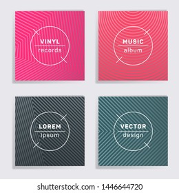 Cool plate music album covers collection. Halftone lines backgrounds. Tech plate music records covers, vinyl album mockups. DJ records geometric layouts. Banners flyers cards set.