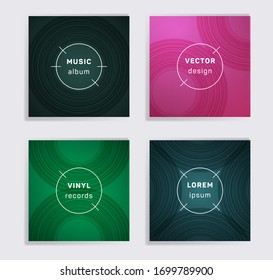 Cool plate music album covers collection. Semicircle curve lines patterns. Dynamic plate music records covers, vinyl album mockups. DJ records disc vector mockups. Techno party posters.