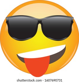 Cool playful yellow emoji with tongue sticking out and sunglasses. Cool face emoticon wearing sunglasses, with a big smile and tongue sticking out. Expressing fun, excitement, playfulness and teasing.