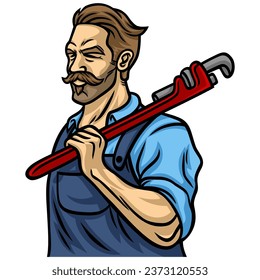 Cool Plumber Holding Wrench Mascot Design Vector