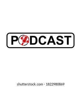 Cool podcast logo with red mic and headphone symbols