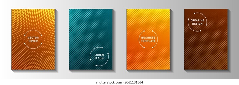 Cool point perforated halftone cover page templates vector kit. Industrial notebook faded halftone patterns. Retro comics style cover layouts. Line art design.