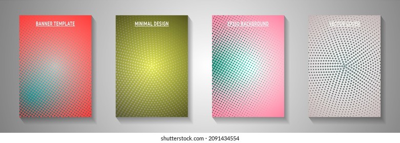 Plantillas de página de título de punto frío perforadas de medio tono, serie vectorial. El folleto geométrico se desvaneció con los patrones de semitono. Folletos de portada estilo historietas retro. Impresiones con problemas.