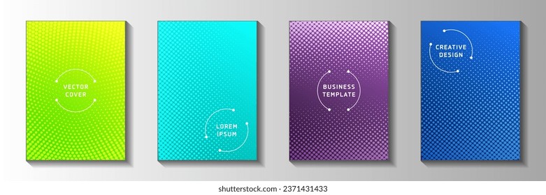 Cool point screen tone gradation cover page templates vector kit. Business booklet faded screen tone patterns. Retro cartoon comics style title page leaflets. Line art design.