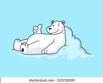 Cool polar bear lying in the snow showing thumb up vector cartoon illustration