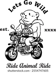 cool polar bear riding a small motor cycle in black and white line art hand drawn illustration