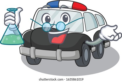 Cool police car Professor cartoon character with glass tube