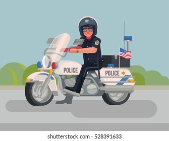 Cool police officer character sitting on motorcycle. Vector flat cartoon illustration