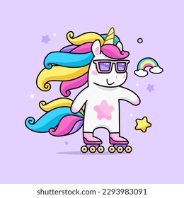 Cool Pony Unicorn ride on roller skates card template. Fairy Pony Unicorn with neon rainbow hair and roller skate. Funny Unicorn Pony for kids print design. Isolated vector illustrator
