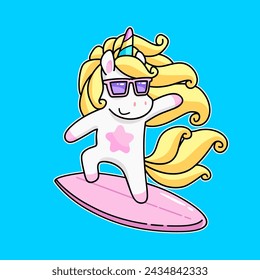 Cool Pony Unicorn ride on Surf Board card template. Cartoon Pony Unicorn with golden hair make surfing. Funny Unicorn Pony Surfer for kids apparel print design. Isolated vector illustrator