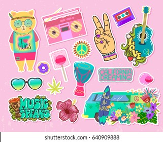 Cool Pop art fashion patches,pins, badges. Hipster American Hippie Fashionable Stickers Collection. Doodle Pop art Sketch. Hand Drawn Vector.