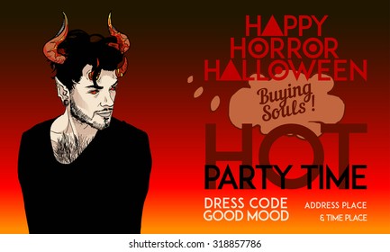Cool pop art poster with demon handsome guy message "Happy Horror Halloween Hot Party Time", charming devil hipster guy with horns, flat art, design invitations, character, corruption, buying souls