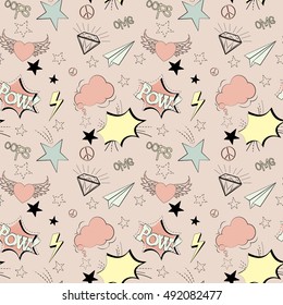 Cool pop art seamless pattern with isolated object on pink background