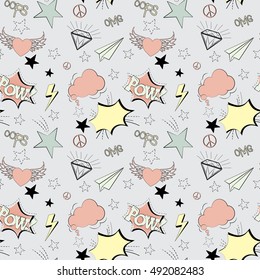 Cool pop art seamless pattern with isolated object on gray background