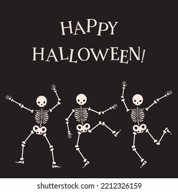 Cool postcard congratulations on Halloween. Postcard with funny dancing skeletons on a black background.