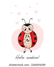 Estupenda postal con una linda mariquita. Pájaro ladybird de insectos encantado con corazones. Hola, luz del sol. Ilustración vectorial en el estilo de doodle dibujado a mano