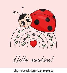 Estupenda postal con una linda mariquita. Curioso ladybird de insectos en arco iris. Hola, luz del sol. Ilustración vectorial en el estilo de doodle dibujado a mano