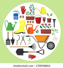 cool postcard on the theme of the garden. Modern print for greeting cards of t-shirts of souvenirs of festivals. garden tools. isolated vector illustration