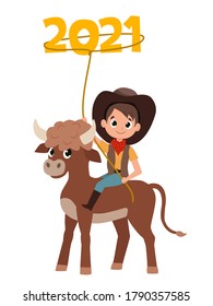 Cool poster for the new year 2021 with a cute calf and a boy. Year of the Bull. Vector illustration.