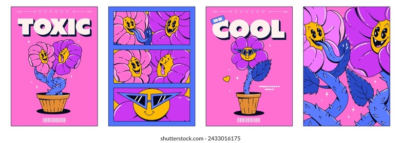 Cool posters with psychedelic flowers in the trending retro groovy style. Vector illustration.