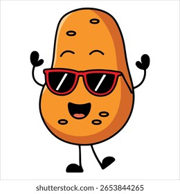 Cool potato character wearing sunglasses. Funny veggie mascot illustration perfect for snack branding and agricultural merch.