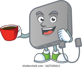 Cool power bank cartoon character with a cup of coffee