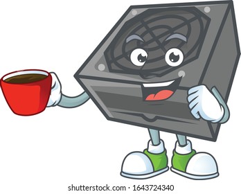 Cool power supply unit black color cartoon character with a cup of coffee