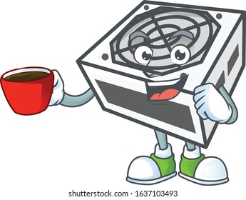 Cool power supply unit white color cartoon character with a cup of coffee