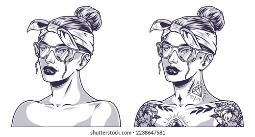 Cool pretty girl monochrome emblem young beautiful tattooed female character with bandage on braided hair and glasses vector illustration